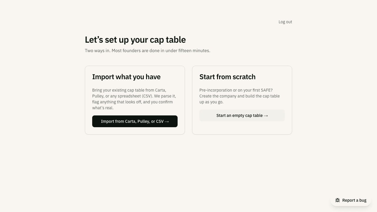 The How do you want to start? screen, with Start from scratch and Import from Carta, Pulley, or CSV